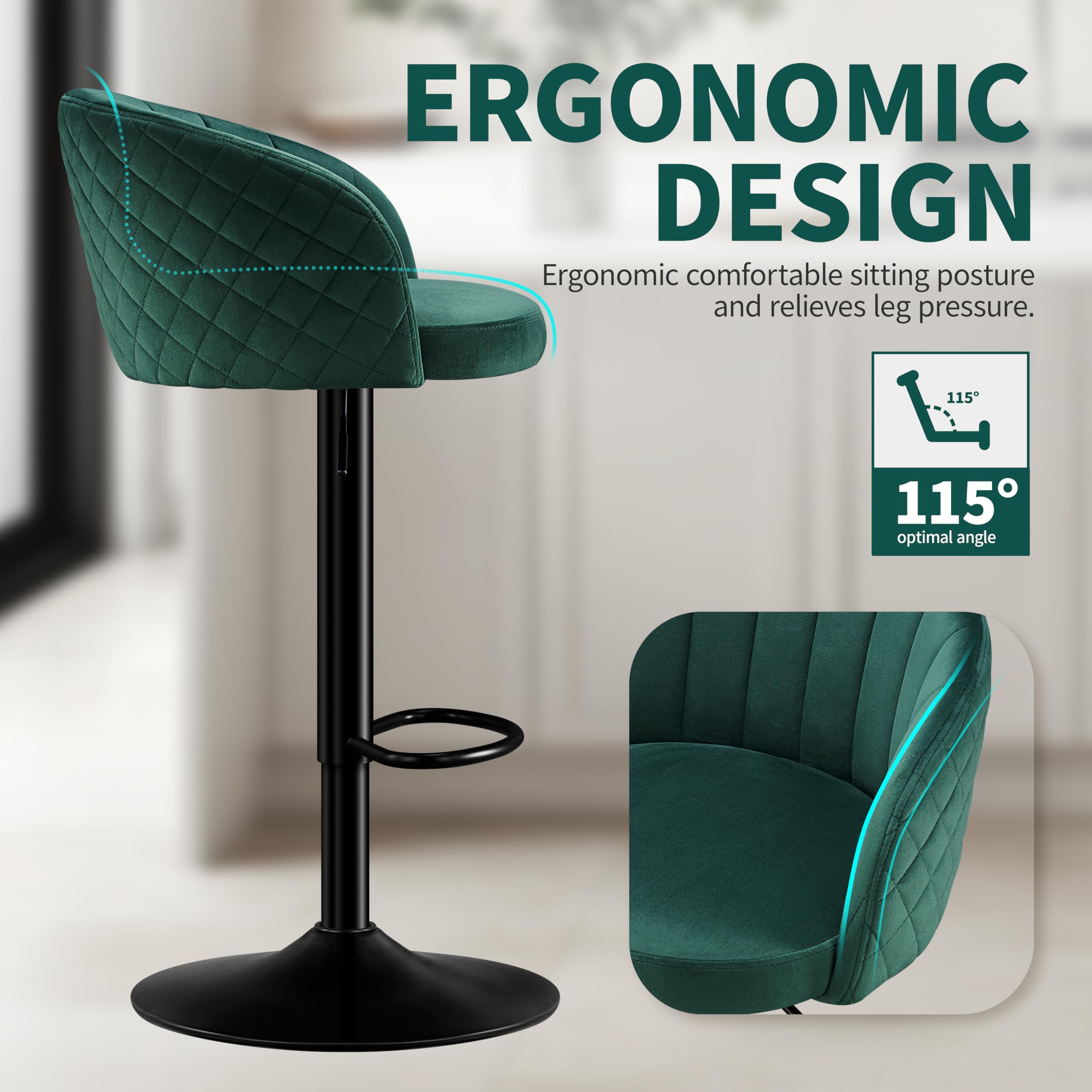 STOOLINK Sgabelli da Bar Set di 2, Sedia da Bar Tessuto Velluto al Latte, Sgabello Alto con Schienale e Bracciolo, Sgabello da Bar Regolabile, Sgabello Cucina Girevole a 360° con Poggiapiedi - Verde