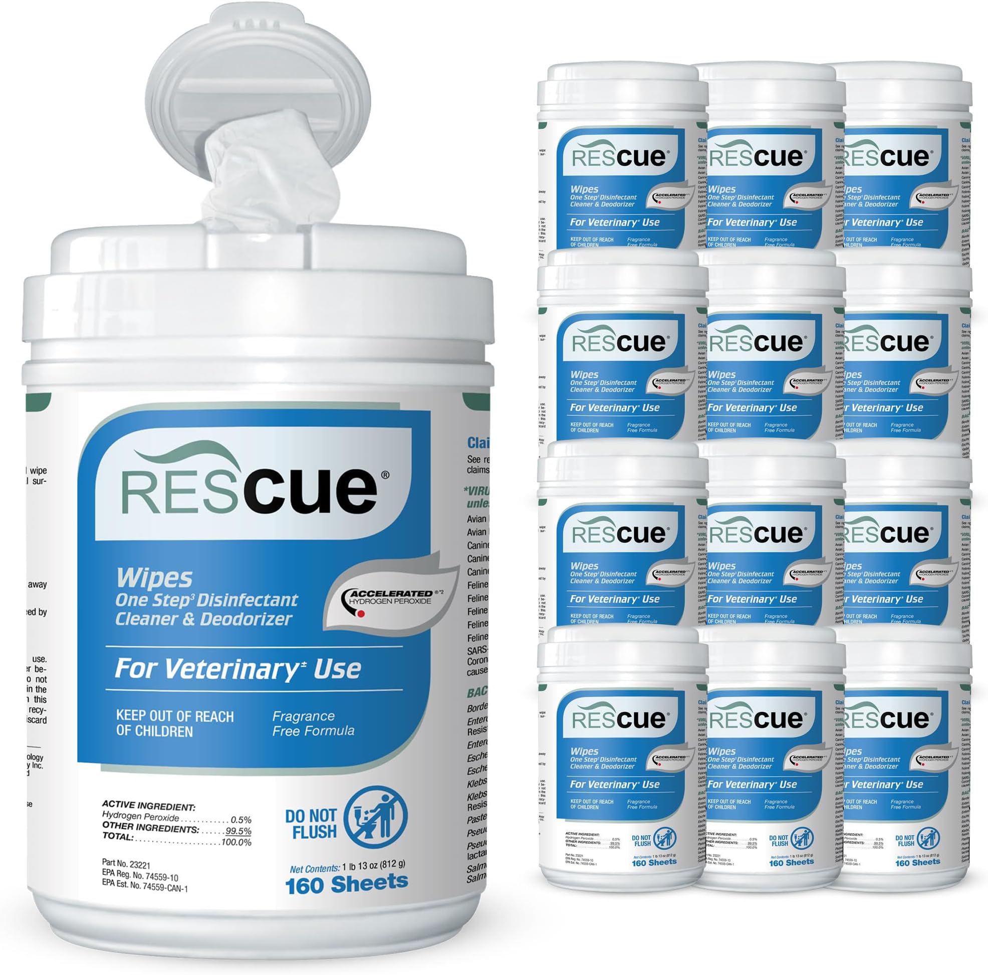 REScue One-Step Disinfectant Cleaner & Deodorizer Wipes for Vet Use – Cleaner for Kennels, Litter Boxes, Vet Offices, Pet Grooming Surfaces – Wipes Canister, 160-Count (12 Pack)