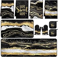 Fourluoo 10-Pc Marble Farmhouse Kitchen Set: Towels, Rugs, Oven Mitts, Pot Holders - Black Gold Modern Decor for Cooking & Baking