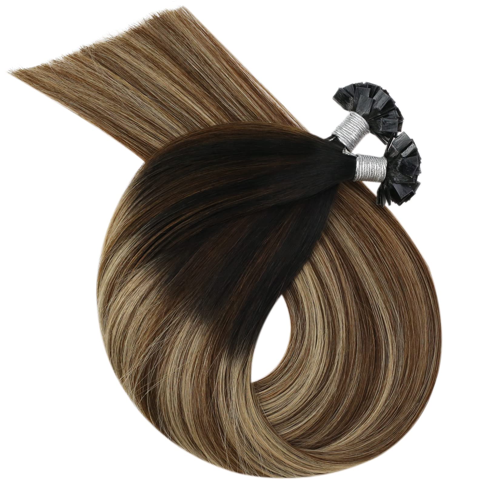 Ugeat Przedłużanie Włosów Płaska Końcówka, Włosy Ludzkie, Balayage Naturalna Czerń do Crązu, 35cm 50 sztuk 50g, Przedłużanie Włosów Keratyna Blond, Remy Naturalne Proste