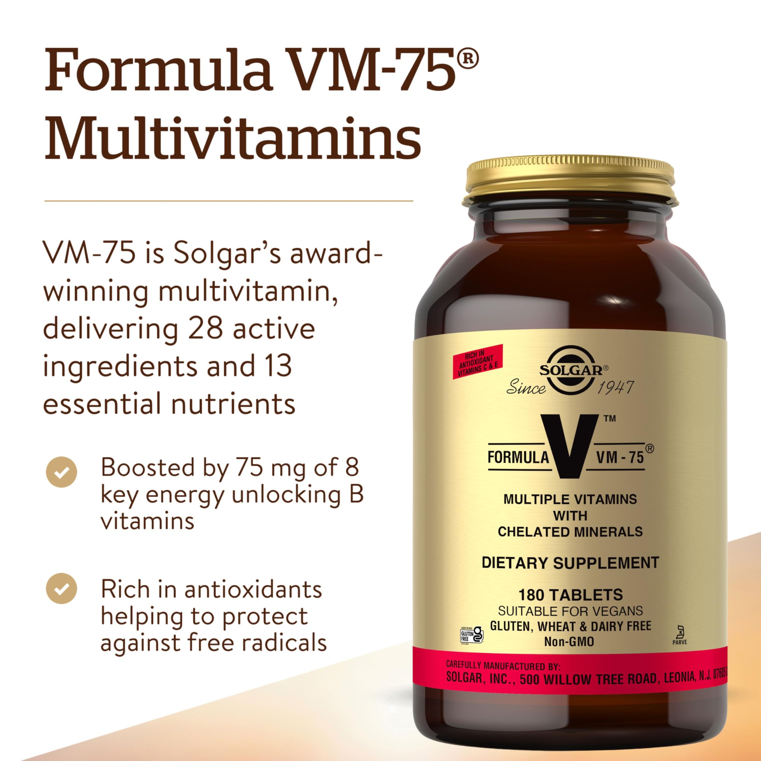 Solgar Formula VM-75, 180 Tablets - Multivitamin with Chelated Minerals - Vitamin A, B6, B12, C, D, E - Biotin, Magnesium, Calcium, Iron, Zinc - Vegan, Gluten Free, Dairy Free, Kosher - 180 Servings