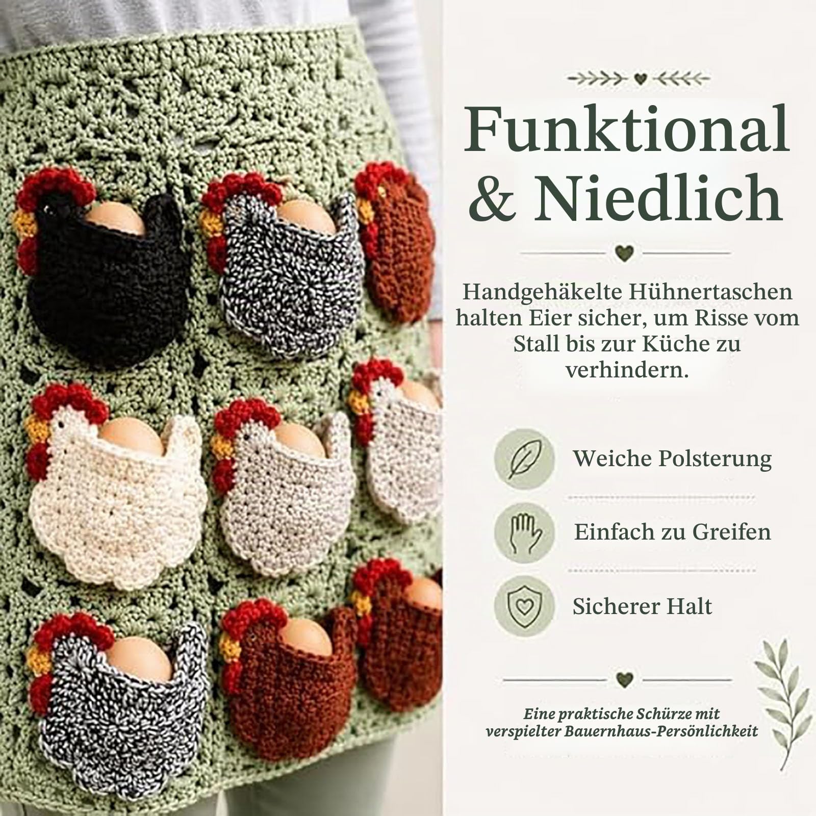Handgehäkelte Schürze zum Eiersammeln mit individuellen Taschen – Sammelschürze für frische Hofeier, mit Hühnertaschen für Hühnerstall und Geflügelgehege