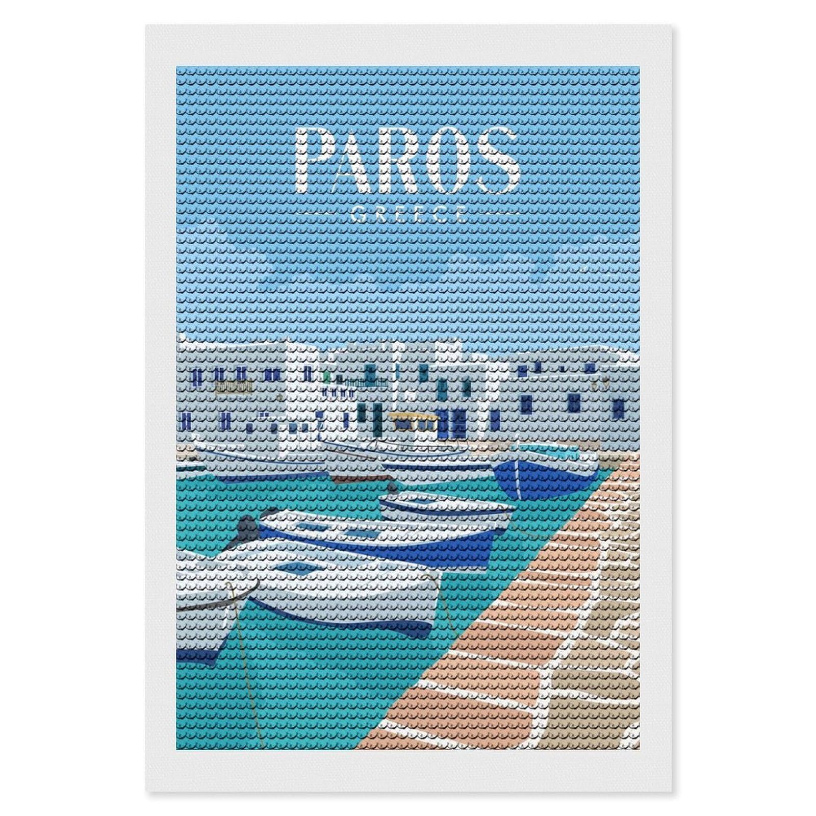 Junmoney Paros Greece and Boat Diamond Painting Set 8"x12", Arts and Crafts, Wall Art Gift, Full Kit Included, Relaxing Handmade Project