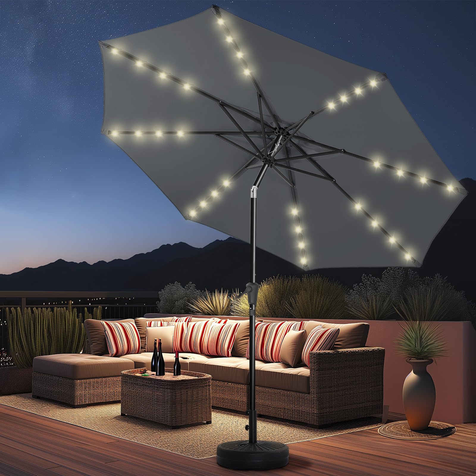 9ft Solar Patio Umbrella - Solar Lights LED Lighted Outdoor Market Table Umbrella, UPF50+ UV Protection with Push Button Tilt, Crank for Pool Deck and Garden (Dark Grey)