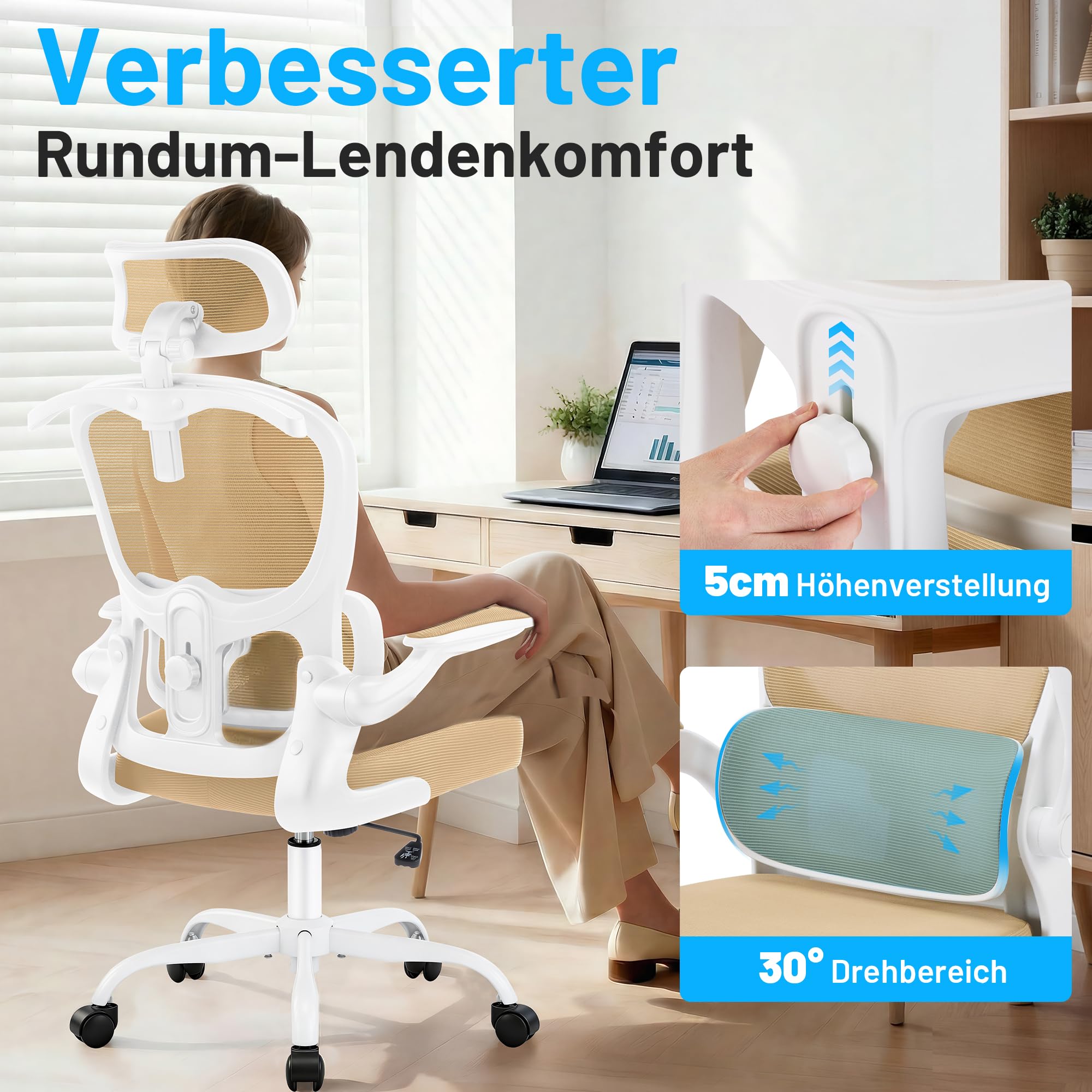 Ergonomischer Bürostuhl mit Kopf- & Lendenstütze, Khaki | belastbar bis 150 kg , Atmungsaktive Netzbespannung, höhenverstellbarer Drehstuhl mit Rollen, für Büro & Homeoffice