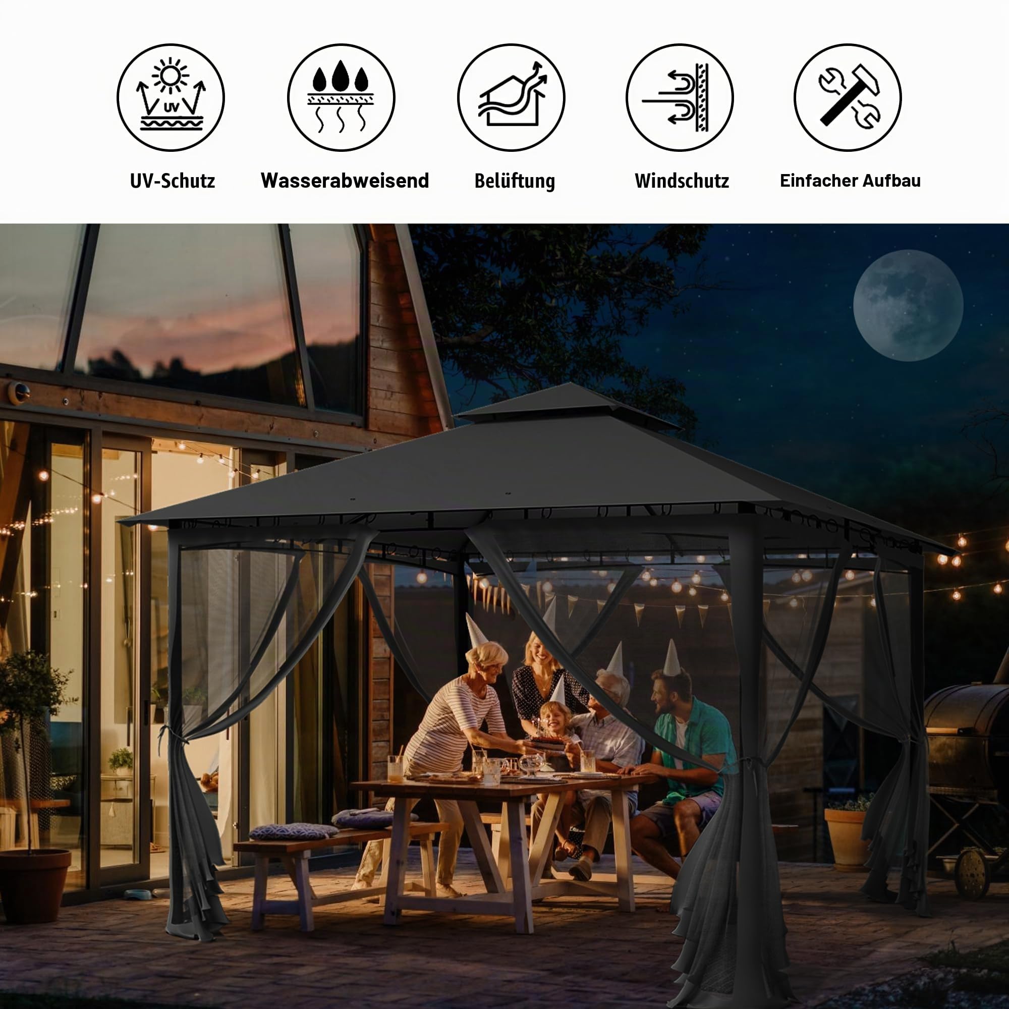 UDPATIO Pavillon 3,35x3,35m Wasserdicht Stabil Winterfest, Gartenpavillon mit Doppeldach, Moskitonetz und Metallrahmen, Doppeldach Gartenlaube für Garten, Terrassen (Grau)