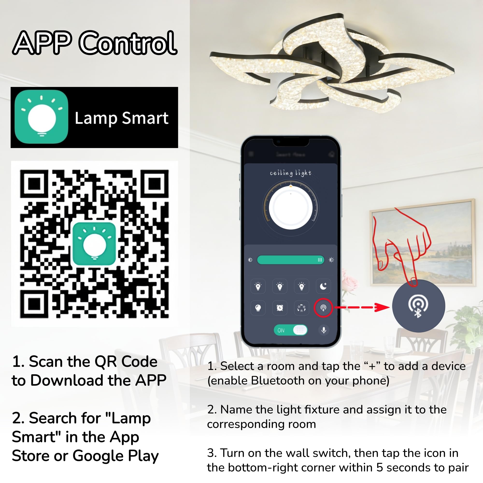 Lampadario LED Soffitto, 65W Plafoniere da Soffitto con Telecomando/Controllo Tramite APP, Dimmerabile Lampadari Moderni LED per Sala da Pranzo/Soggiorno/Ingresso