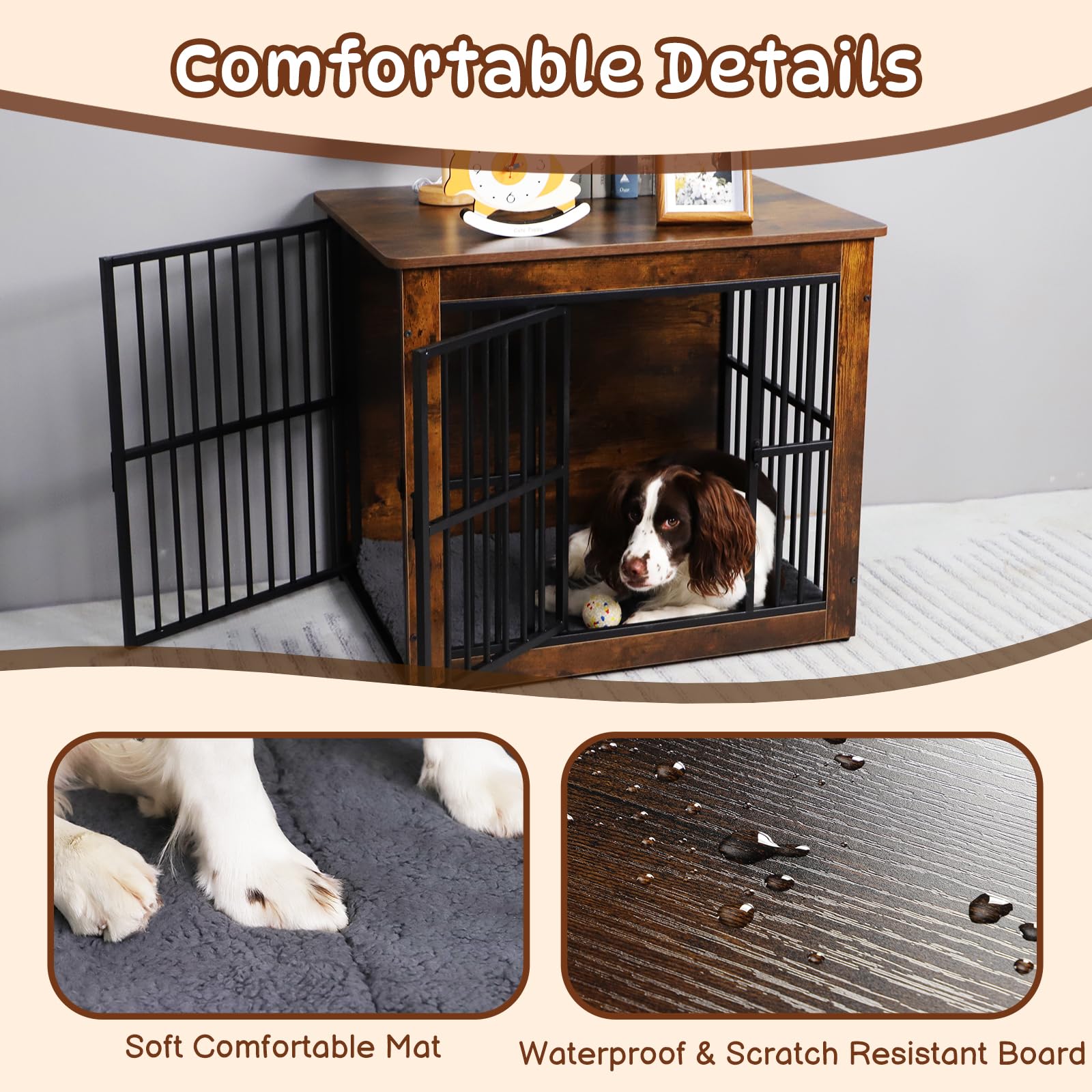 Hello-5ive Grande gabbia per cani mobile, gabbia per cani in legno con doppie porte, resistente cuccia per cani da interno con tappetino in peluche per cani di piccola e media, tavolino, 80,5 x 59 x