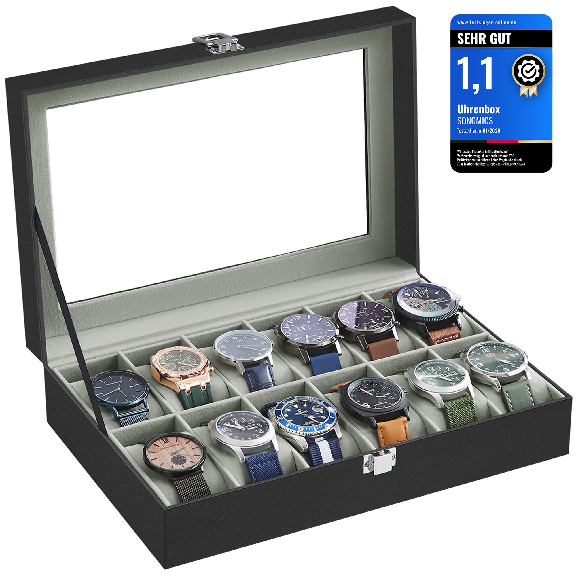 SONGMICS Uhrenbox mit 12 Fächern, Uhrenkasten, Glasdeckel, Uhrenkoffer mit herausnehmbaren Uhrenkissen, Premium-Uhrenschatulle, PU-Bezug in Schwarz, Samtfutter in Grüngrau JWB12BK