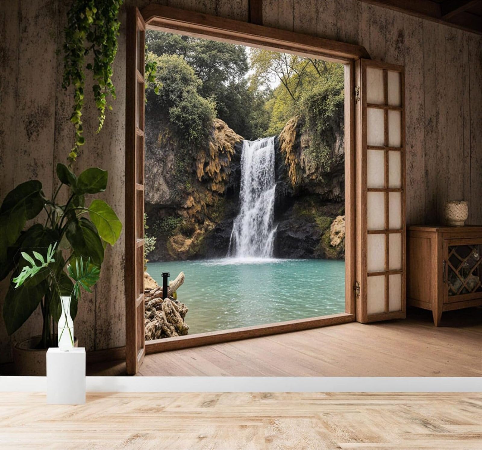XLMING Wooden Windows Lakes Waterfall Scenery Tropical Forests 3D Wallpaper Premium Textured Silk Study Dining Living Room Bedroom Sofa TV Wall Easy Install-400cm×280cm