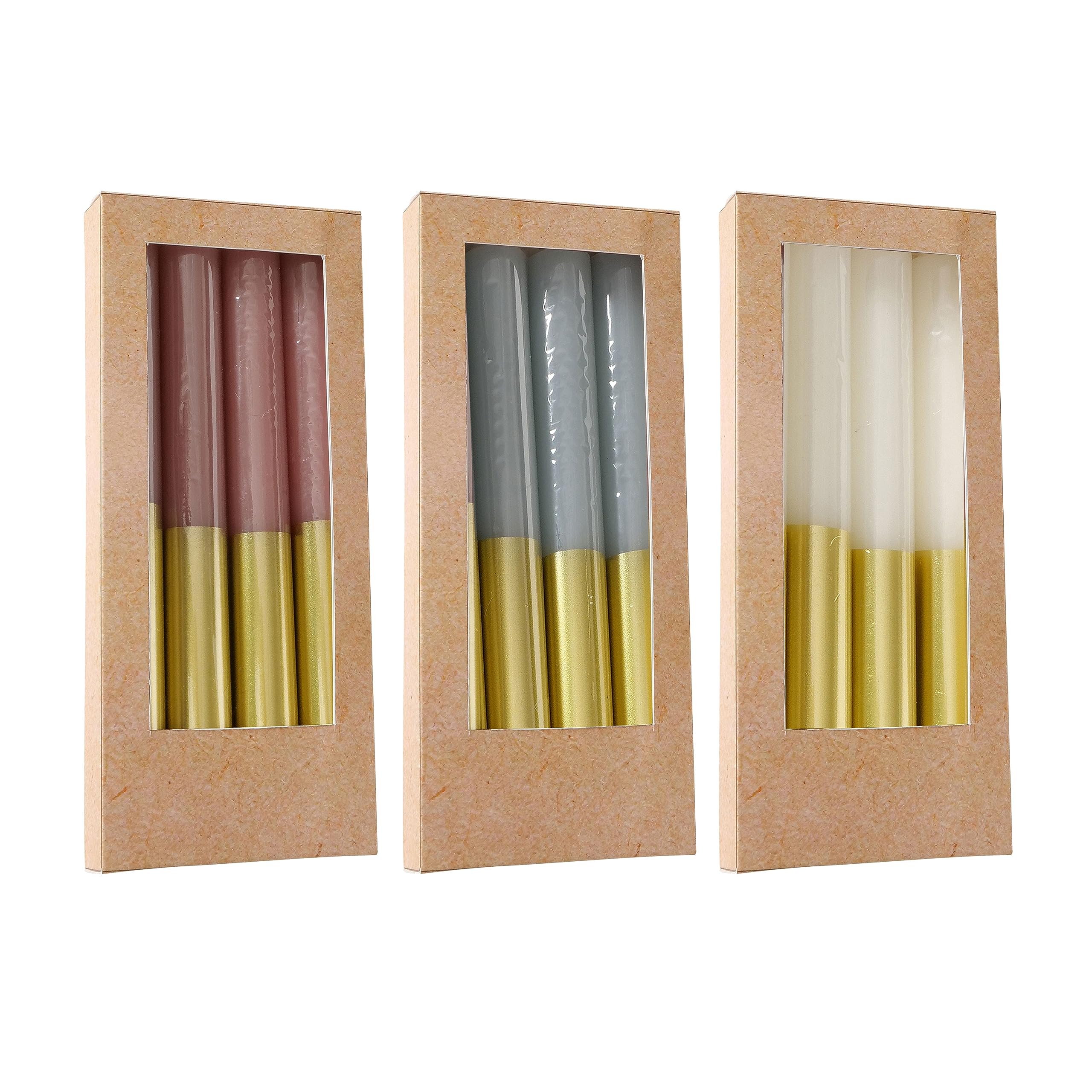 12 Piece Gold Dipped Taper Candles, 3 Boxed Sets of 4, Hand Dipped, Dripless, 7 Hours Burn Time, Paraffin Wax,