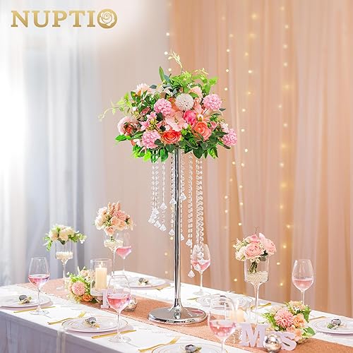 Miniatura 4 de Nuptio 2 centros de mesa de boda de 27.6 pulgadas de alto, jarrones plateados, jarrón de flores de cristal, soporte de flores de metal para