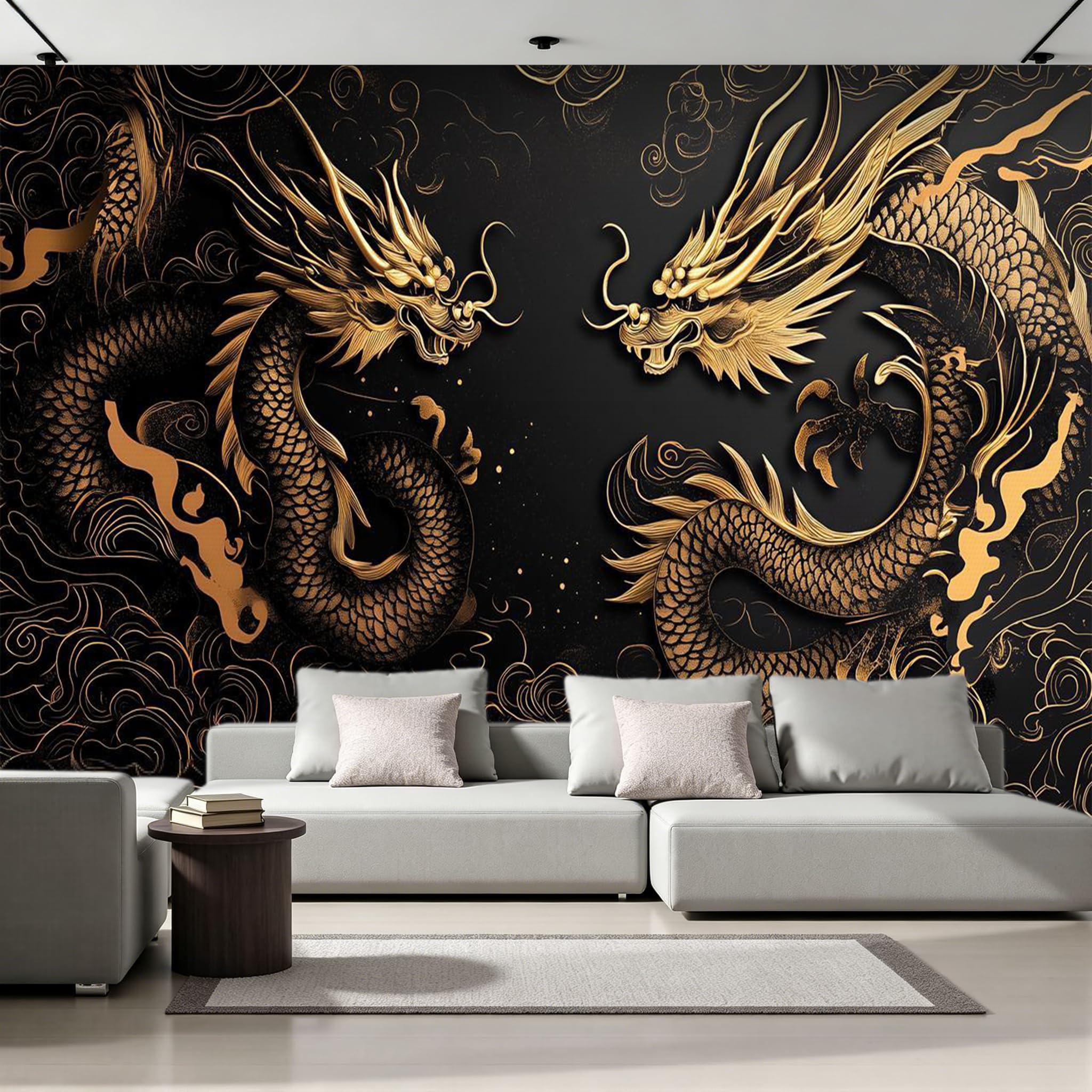Papel Pintado 3D Dragón Dorado De Estilo Chino Papel Tapiz Fotomural 350x256cm Relieve Estilo Oriental Papel Pintado Panorámico no Tejido Formato Grande Decoración Mural para Salón Dormitorio8U25
