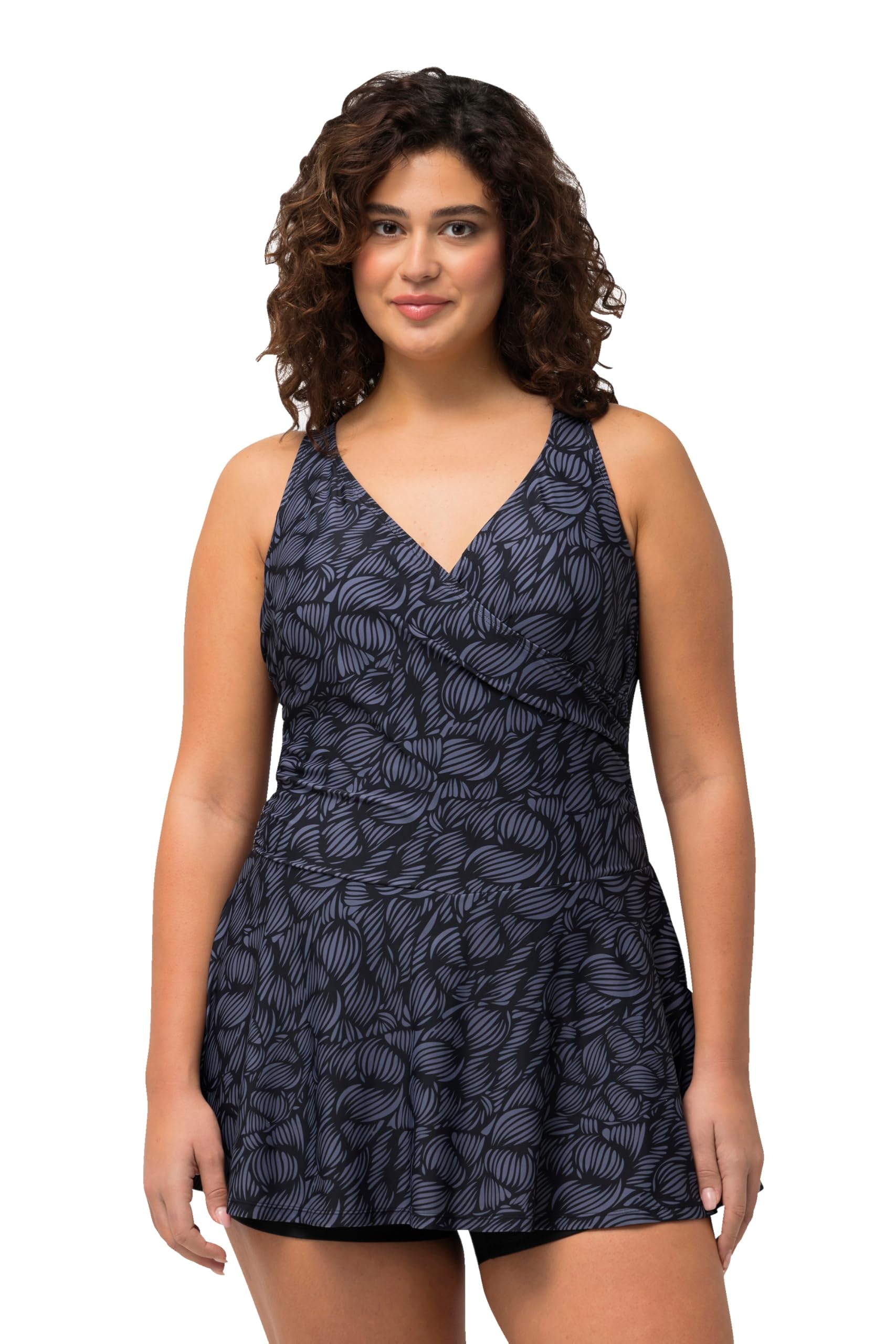 Ulla Popken Damen Badekleid April mit Shorts, Blätter Badeanzug