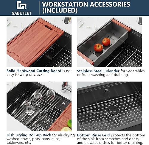 Miniatura 5 de Fregadero de cocina con estación de trabajo de montaje inferior de 33 pulgadas, fregadero de cocina de acero inoxidable calibre 16 con revestimiento