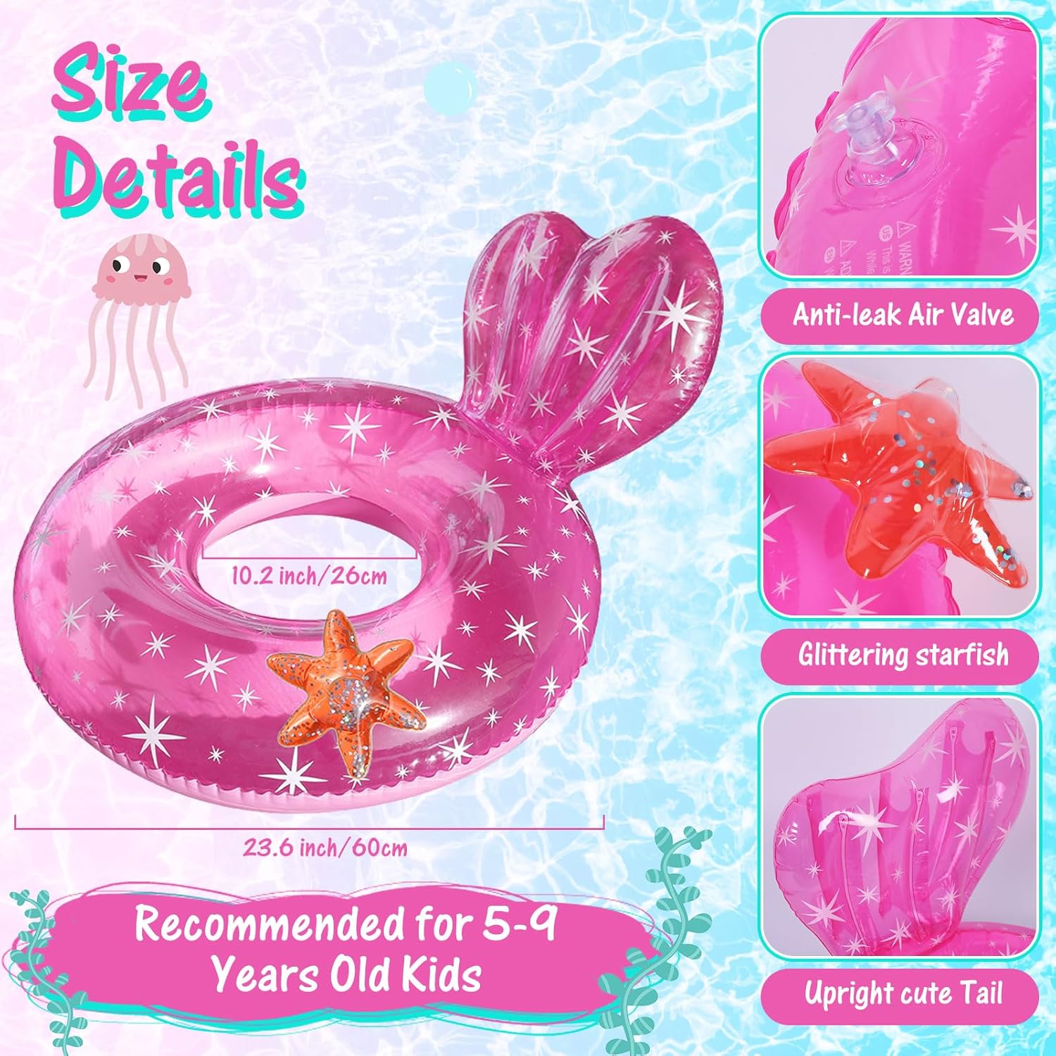 Libima 4 Pcs Mermaid Pool Float and Starfish Swim Float for Adults, Mermaid Tail Tubes Cute Starfish Swimming Ring for Water Pool Beach Party Outdoor