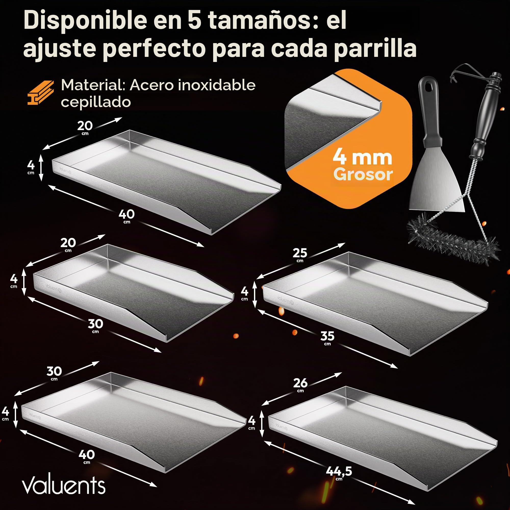 Plancha – Plancha Placa de Acero Inoxidable Grueso & Acero Inoxidable – 30 x 20 cm – Adecuado para barbacoa de gas y barbacoa de carbón + Plus: cepillo y espátula para barbacoa, GP-BBQ-300