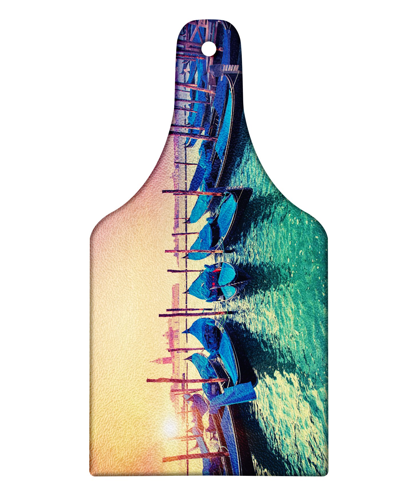 LunarableLandscape Cutting Board, Italian Venice Scenery of Gondolas Venetian Canals Sea Sunset Image Art, Tempered Glass Serving Board, Wine Bottle Shape, Medium Size, Turquoise Teal