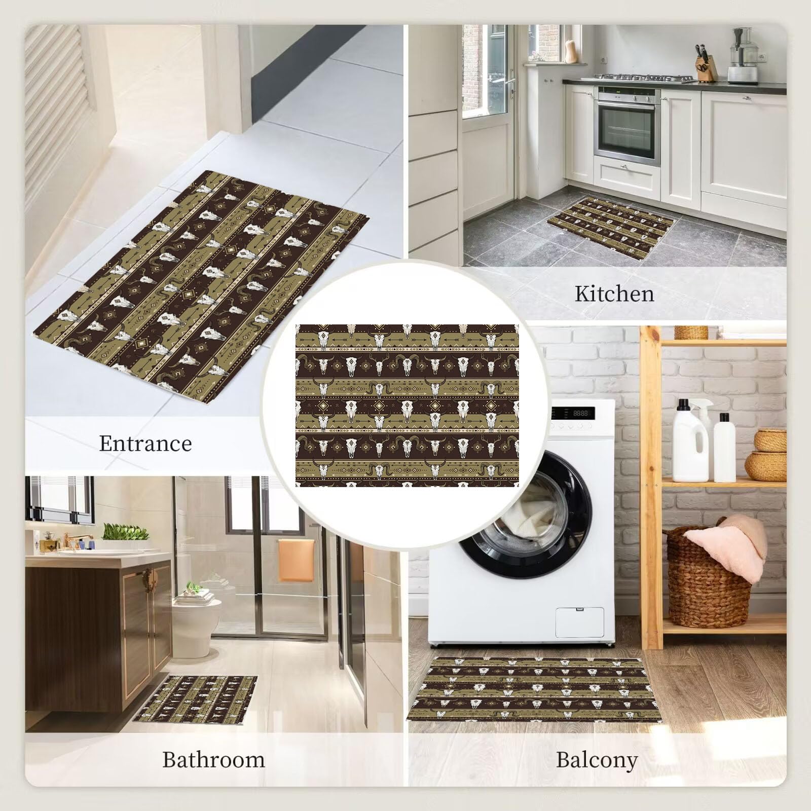 Ultradünne Böhmische Tierstreifen Fußmatte Für Innenbereich, 90X150Cm Waschbar Teppich Für Eingangsbereich, Stammesgeometrie Schmutzfänger Fussmatten, Bräunen rutschfeste Eingangsmatte