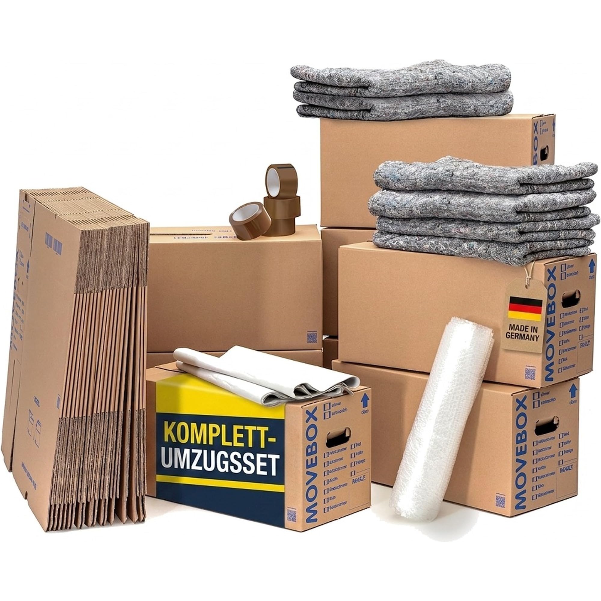 KK Verpackungen Umzugspaket 3-4 Zimmer Wohnung | 6 Umzugsdecken 130x200cm, 75 Umzugskartons 2-wellig, Packseide, Luftpolsterfolie, Klebeband | Umzugsset Komplett | Umzugsmaterial