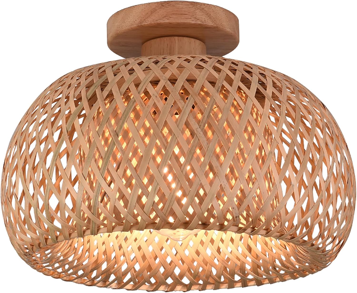 1 Light Bamboo Lantern Ceiling Light Hand-Woven Semi Flush Mount Chandelier Natural Wicker Rattan Ceiling Lamp Fixture for Living Room Bedroom Kitchen Island Dia 11.8inch