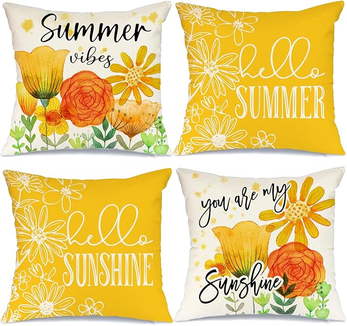 GEEORY Summer Pillow Covers 18x18 Inch Set of 4 Summer Vibers Hello Sunshine Floral