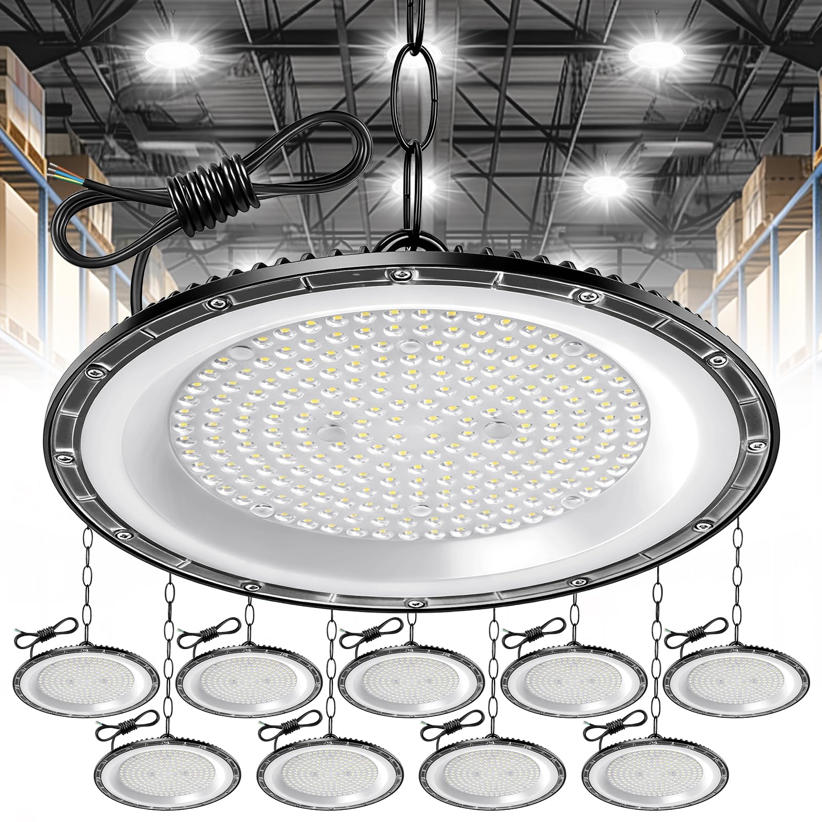 papasbox 10 PCS 300W UFO LED High Bay Light, 30000LM UFO led Workshop Light, Cold White 6500K Bright Workshop Lighting, IP65 Waterproof Industrial lamp high Bay for Factories, Garage, Warehouse