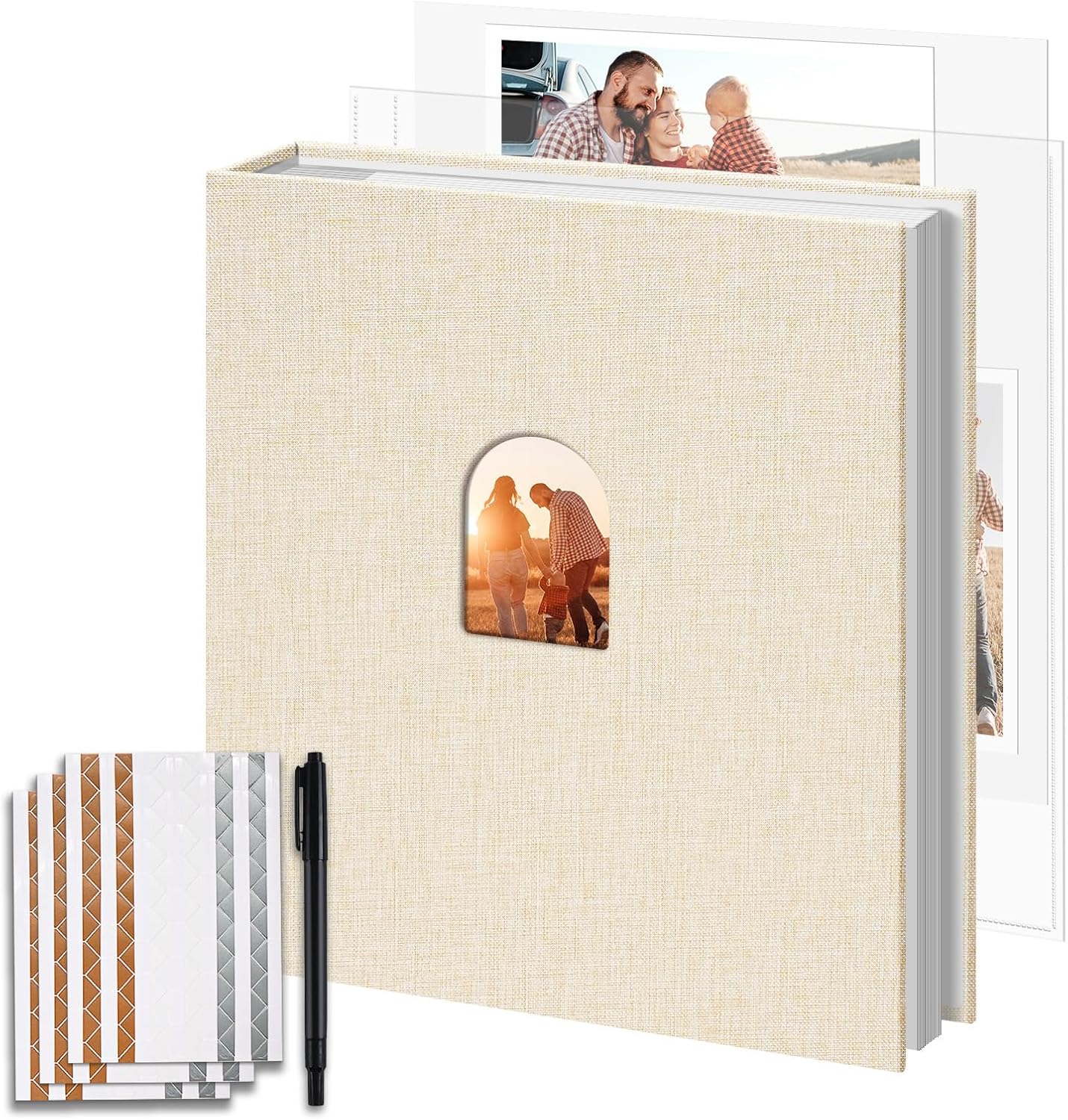 8.5X11 Inch 3 Ring DIY Scrapbook Photo Album, Linen Cover Scrapbooks Photobook with 20 Sheets Plastic Sleeves 40 Pages Blank White Inner Pages for Wedding Birthday Baby Travel Beige