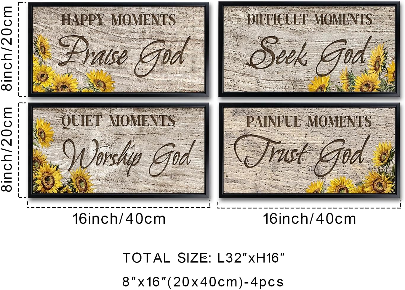 KREATIVE ARTS Praise God, Seek God, Worship God, Trust God Prayer Quote Wall Art Set of 4 Each 8x16 Canvas Prints with Black Frame Religious Motivational Christian Quotes Bible Verse Decor