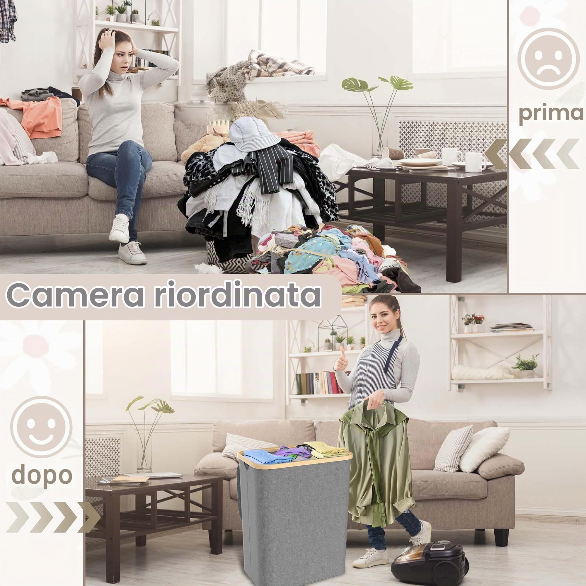 Cesto portabiancheria con coperchio, 140 l, con 3 scomparti, tasca interna lavabile con manici, sacco per la biancheria, cesto per la biancheria, laundry Basket, grigio