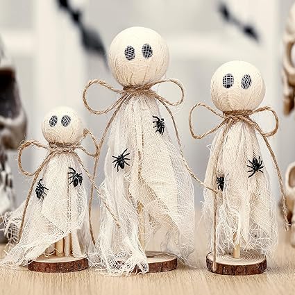 Redbaker 3 Pcs Halloween Decorations Indoor Primitive Halloween Ghost on Wooden Stand Spooky Ghost Tiered Tray Decor Rustic Table Centerpiece for Home Office Mantel Shelf Party Supplies(Beige)