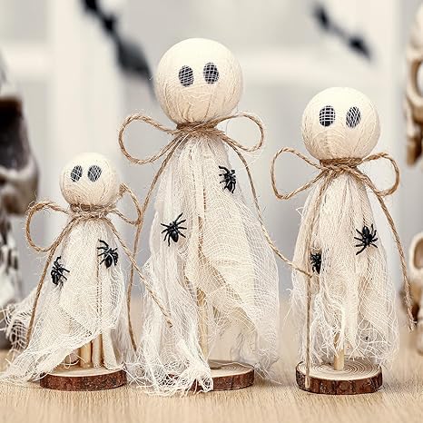 Redbaker 3 Pcs Halloween Decorations Indoor Primitive Halloween Ghost on Wooden Stand Spooky Ghost Tiered Tray Decor Rustic Table Centerpiece for Home Office Mantel Shelf Party Supplies(Beige)