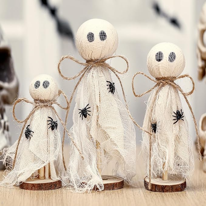 Redbaker 3 Pcs Halloween Decorations Indoor Primitive Halloween Ghost on Wooden Stand Spooky Ghost Tiered Tray Decor Rustic Table Centerpiece for Home Office Mantel Shelf Party Supplies(Beige)
