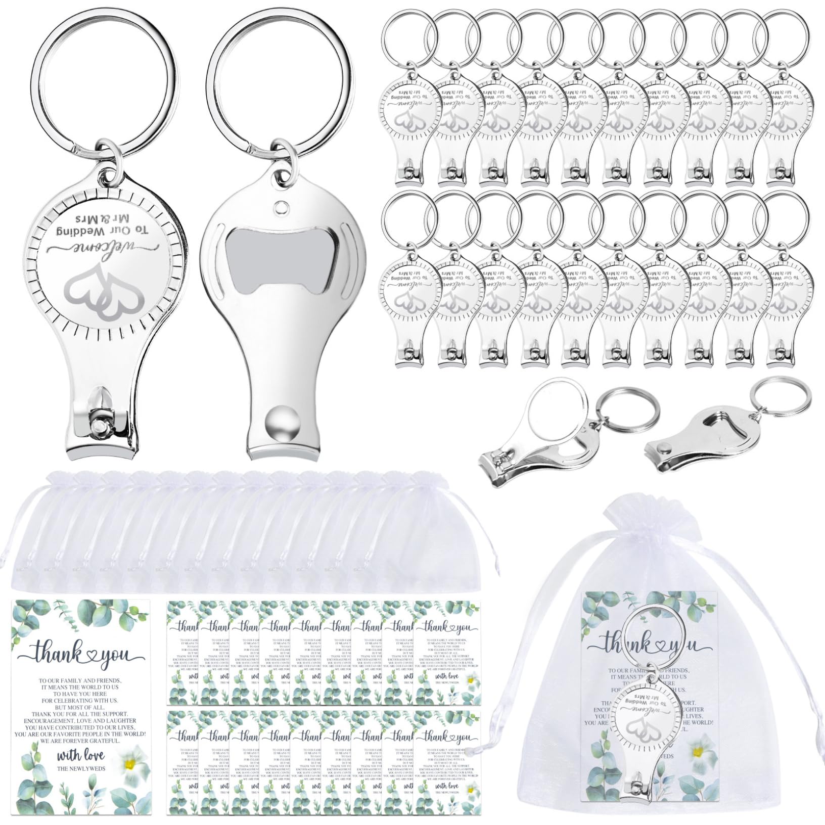 50 Stück Hochzeitsgeschenke für Gäste – Herz-Schlüsselanhänger mit Flaschenöffner und Nagelknipser, inklusive Dankeskarten und Organzabeuteln, Brautparty-Geschenke für Gäste, Hochzeitsfeier