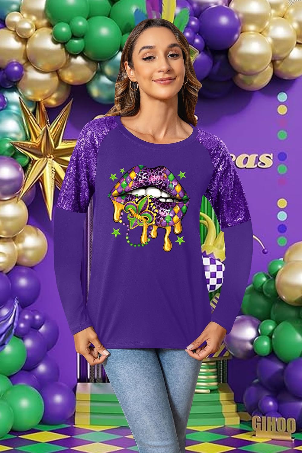 Mardi Shirts for Women Carnival Fat Tuesday Shirt New Orleans Party Mardi Outfit Gifts Sequin Long Sleeve Tee Top - Image 5