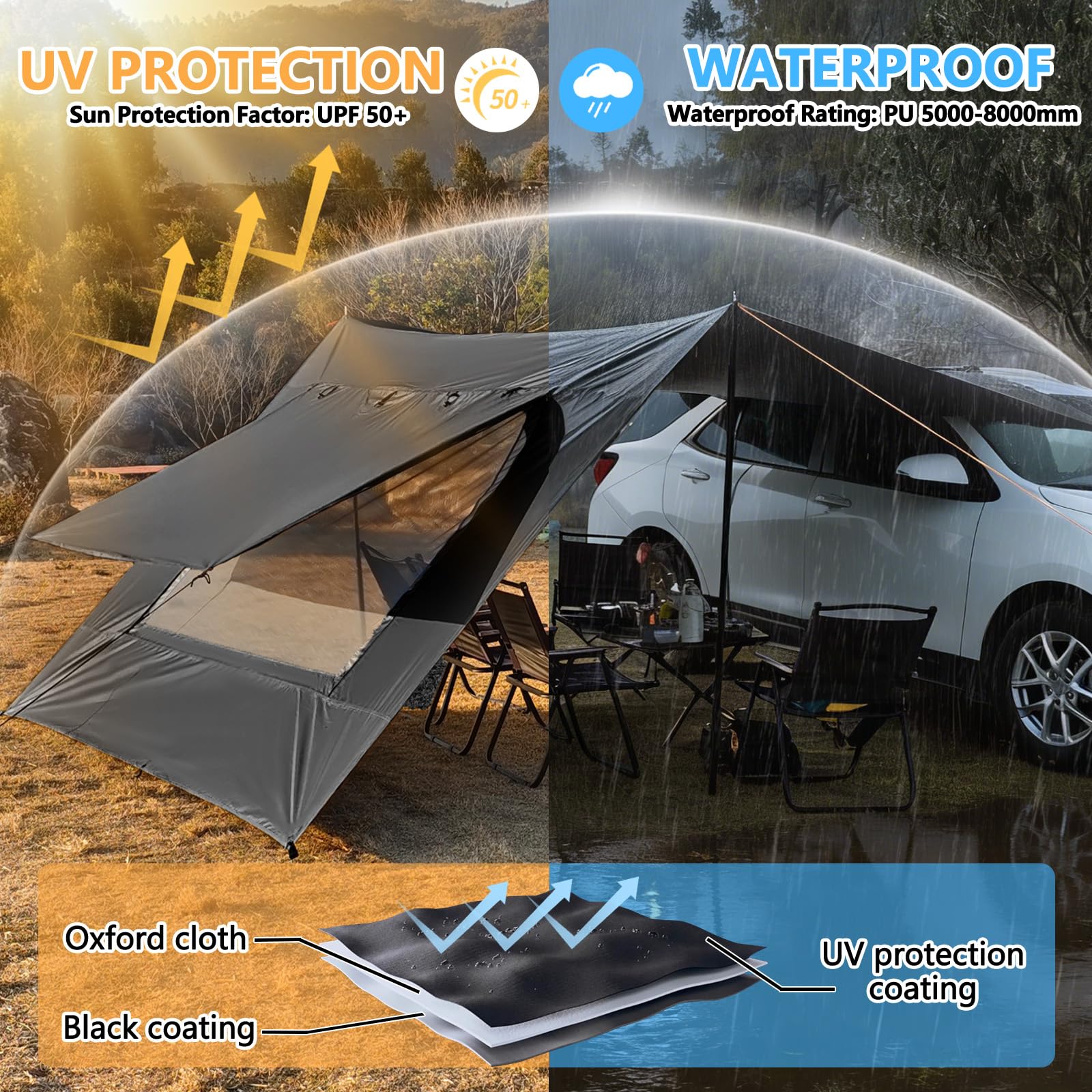 Auvent de camping imperméable et protection solaire pour van - 2,9 x 4,8 m - Avec poteau - Noir