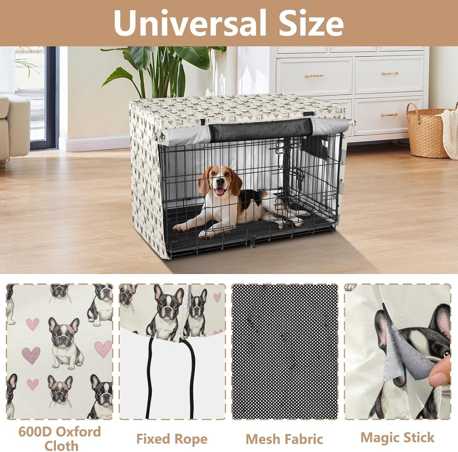 Cute French Dog Dog Cage Covers Pets Kennel Cover Roller Shades 48 Inch