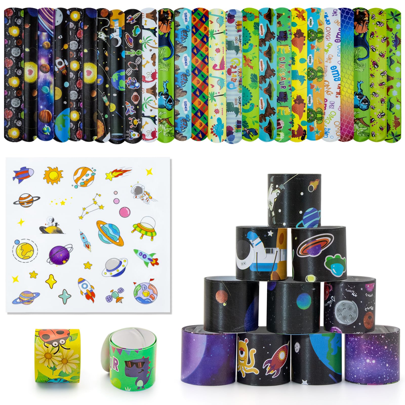 Cocurb 54 Pcs Slap Bracelets With 48 Design Friendship Bracelets For Kids 8 to 12 Years Old with 28 Pcs Sticker Birthday Party Favors Bulk For Kids Classroom Prizes Exchanging Present
