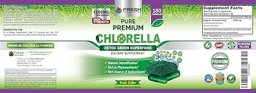Miniatura 7 de FRESH HEALTHCARE Suplemento prémium de Chlorella, cápsulas de polvo vegano puro de 1200 mg, 180 pastillas de clorofila y CFG, superalimento natural