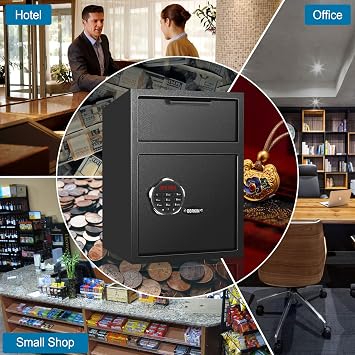 Depository Drop Safe, Deposit Cash Lock with Electronic Keypad Combination & Key Backup, with Metal Hardwheel, Digital Screen & 5 Reinforced Lockbolt