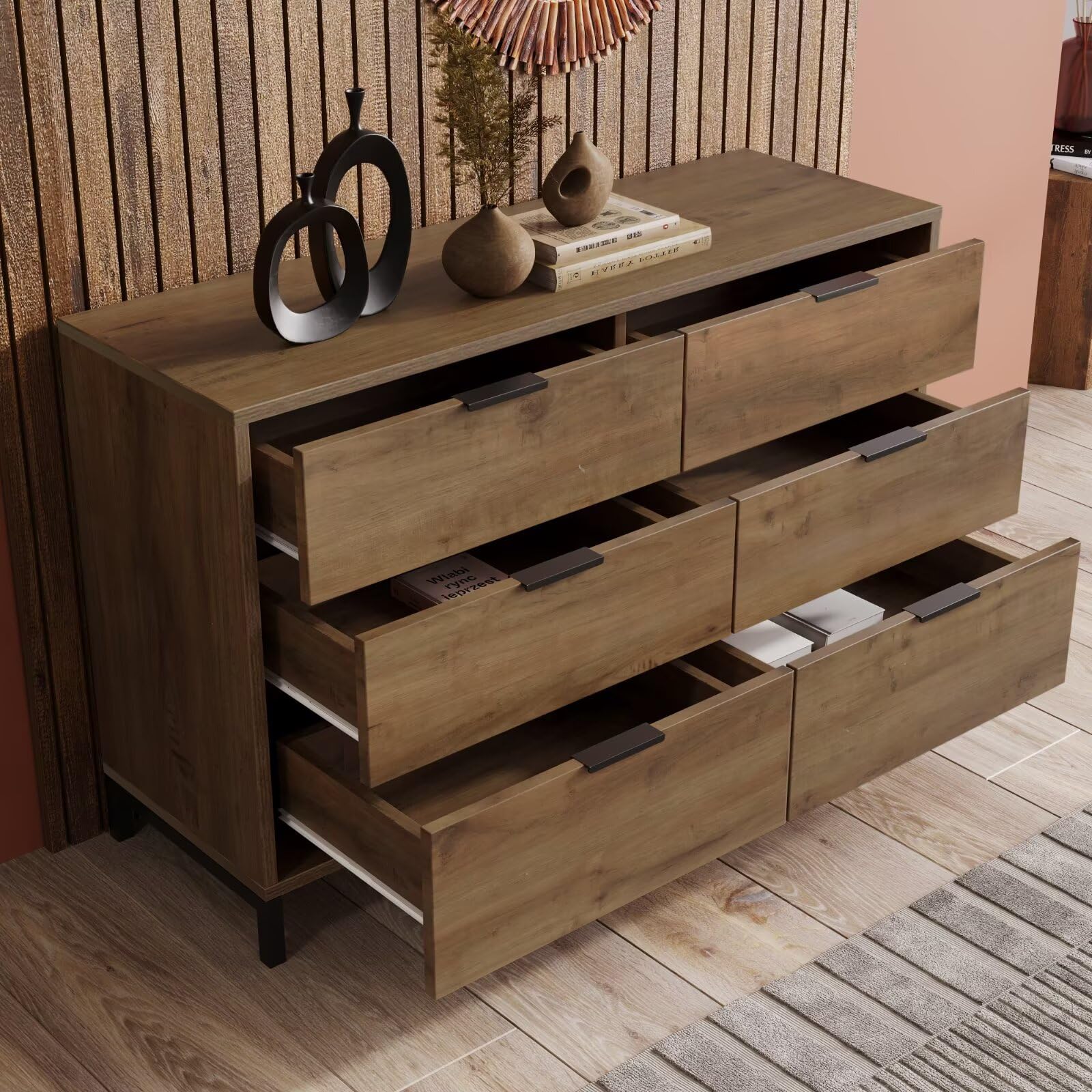 DRIXNO 120cm Dark Oak 6-Drawer Chest of Drawers for Bedroom & Living Room, Mid-Century Industrial Sideboard with Metal Legs & Adjustable Feet, Smooth-Glide Drawers, Easy Assembly (Dark Oak Finish)