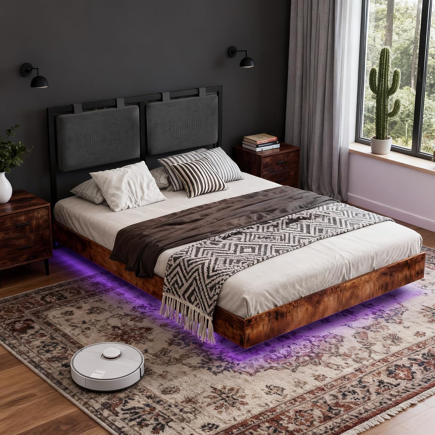 LUCKLIFE Floating Bed Frame Full Size, with Adjustable Headboard and Smart LED Lights, Upholstered Bed Frame with RGB Lights, Modern Metal Bed, Easy Assembly, Under-Bed Storage, Bedroom