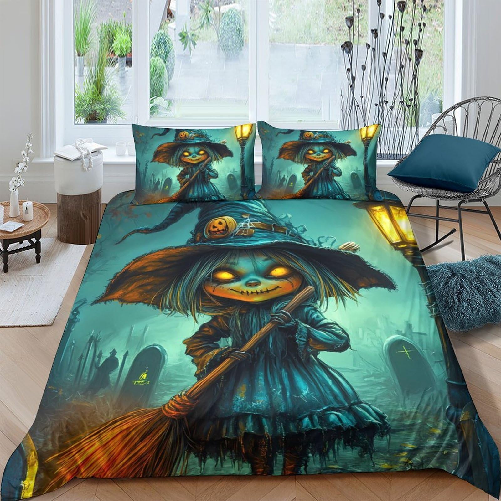 GPLZQXKJNH 3D Printed Halloween Witch Duvet Cover Microfiber Soft Breathable Pumpkin Quilt Cover Set with 2 Pillowcases for Bedroom Decor Single（135x200cm）