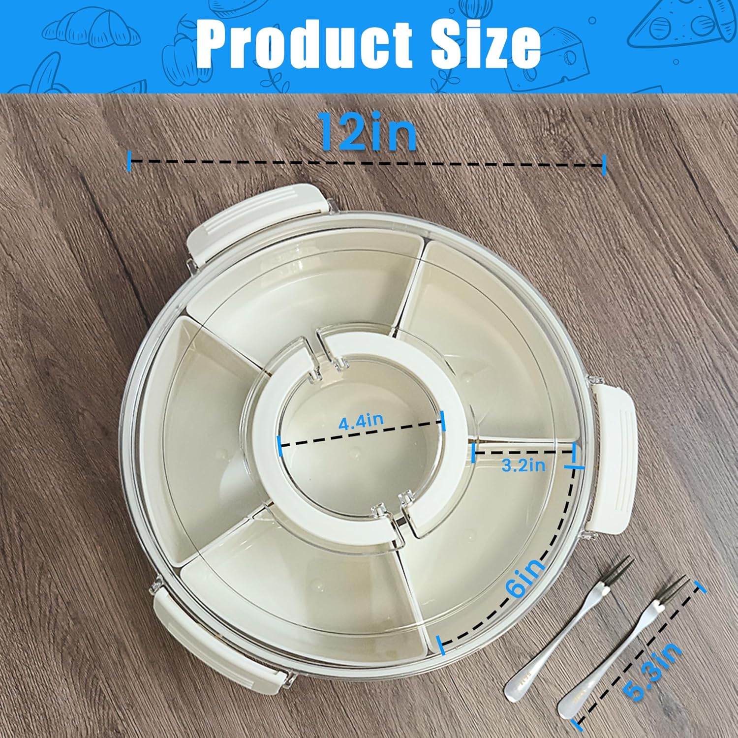 Rotating Snack Box Container for Parties, Veggie Tray with Lid, Divided Serving Box for Fruit, Large Rotating Tray with Lid for Kids and Fridge Storage (12" Snackle Box)