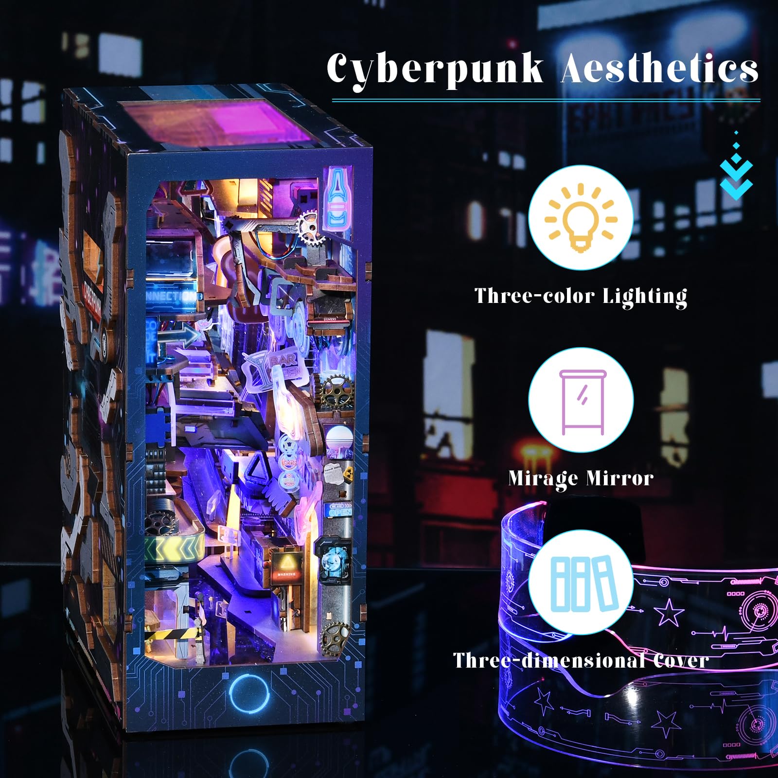 MiniCity, Book Nook Kit, Kit fai da te per casa delle bambolo in miniatura, puzzle in legno 3D, con inserto decorativo con luce LED per ragazzi e adulti, tema dimensioni infinite