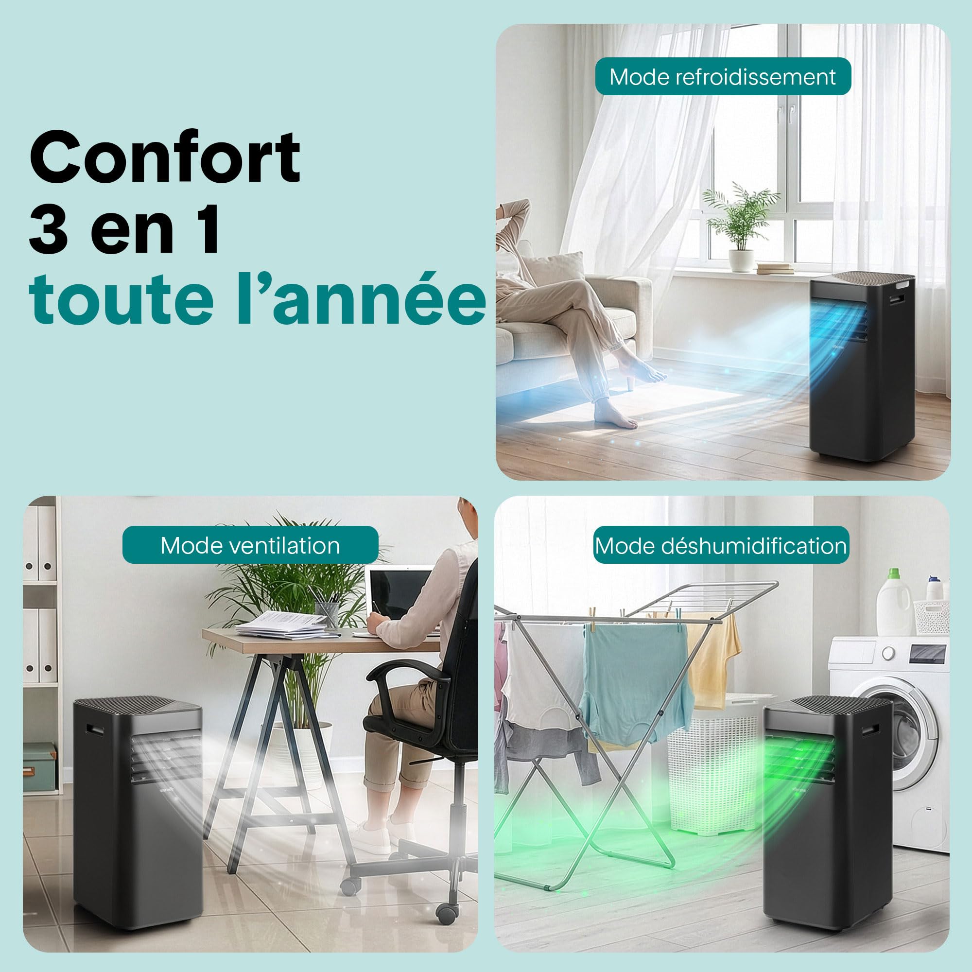 SereneLife Climatiseur Mobile 9000 BTU 2,0 kW – Climatiseur Portable avec Évacuation, 3 en 1 Refroidissement Déshumidificateur Ventilateur, Silencieux 54 dB, Télécommande et Kit Fenêtre