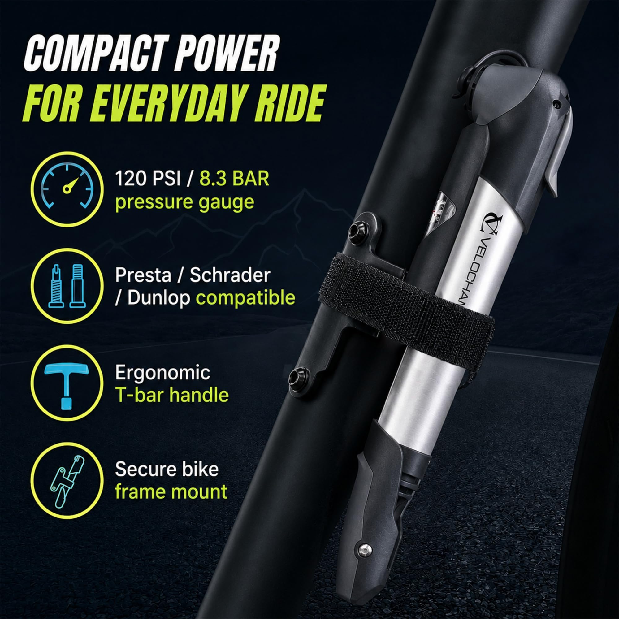 VeloChampion Alloy 9 mini pompa da bici con manometro 120 PSI 8,2 BAR Presta Schrader Dunlop MTB strada e-bike