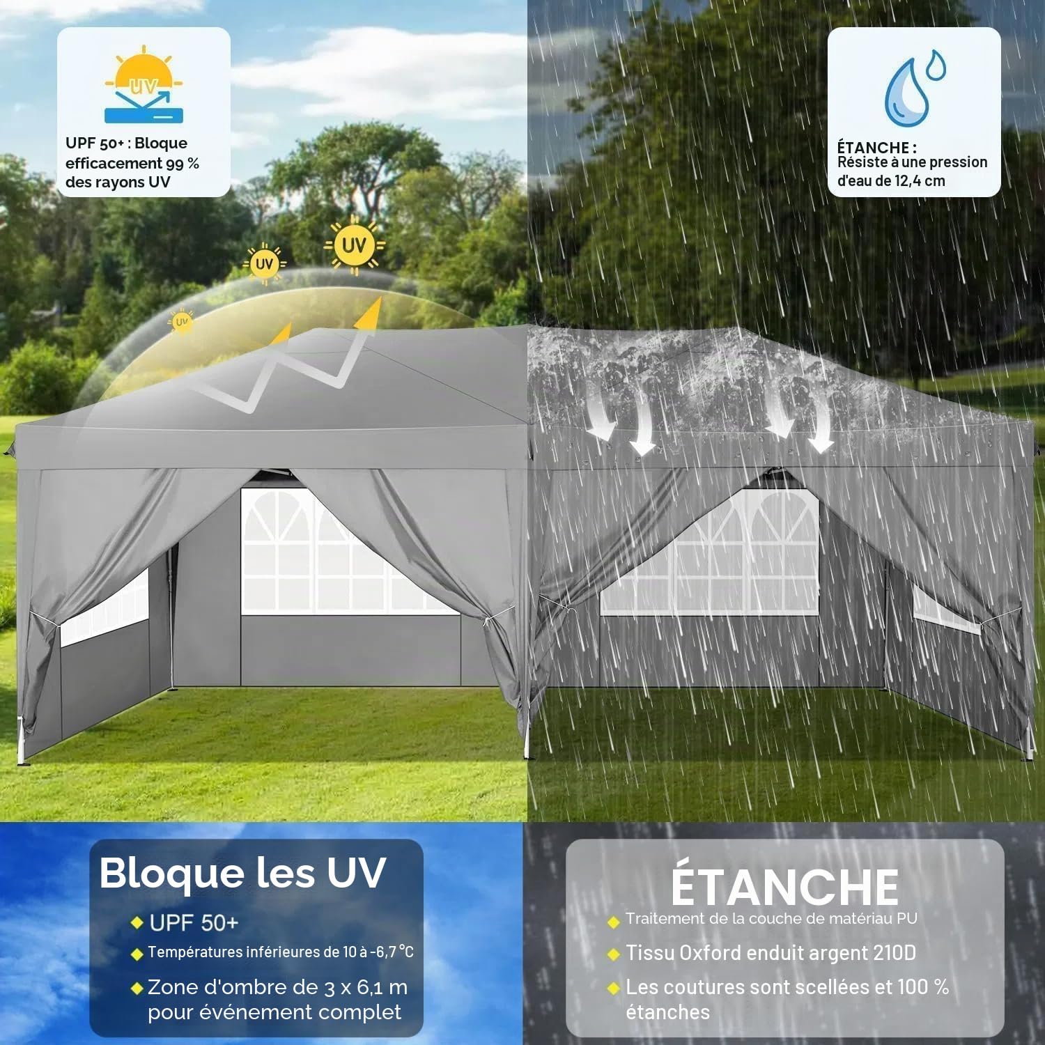 COBIZI Tonnelle Pliante 3 x 6 m étanche et Stable - Tente de réception d'extérieur 3 x 6 m avec 6 parois latérales - Anti-UV - pour Mariage, extérieur, Jardin, fête, marché (Gris)