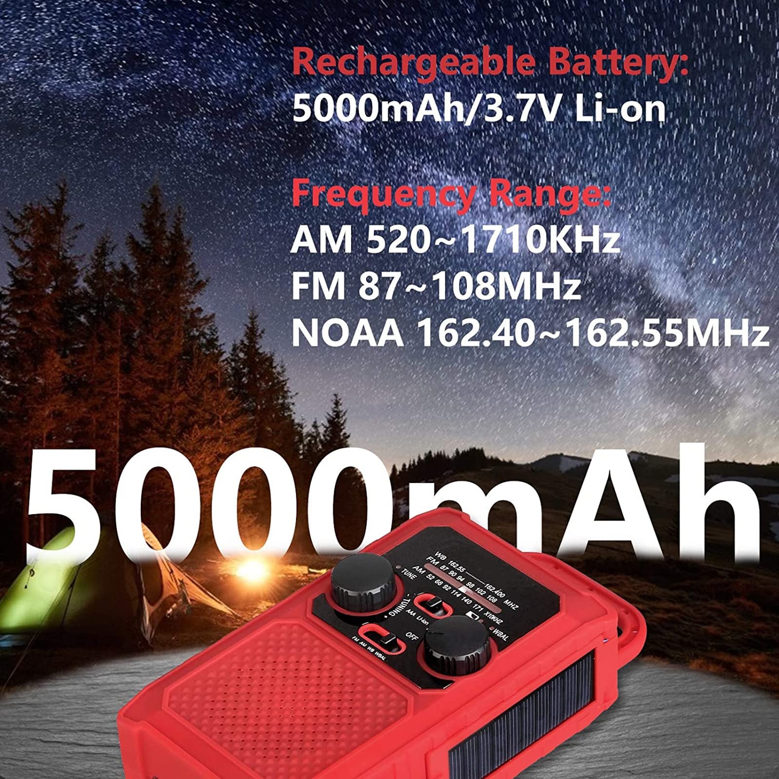 Radio awaryjne 5000mAh Solarne radio z korbą ręczną, z AM/FM/WB, latarką, lampką do czytania, alarmem SOS