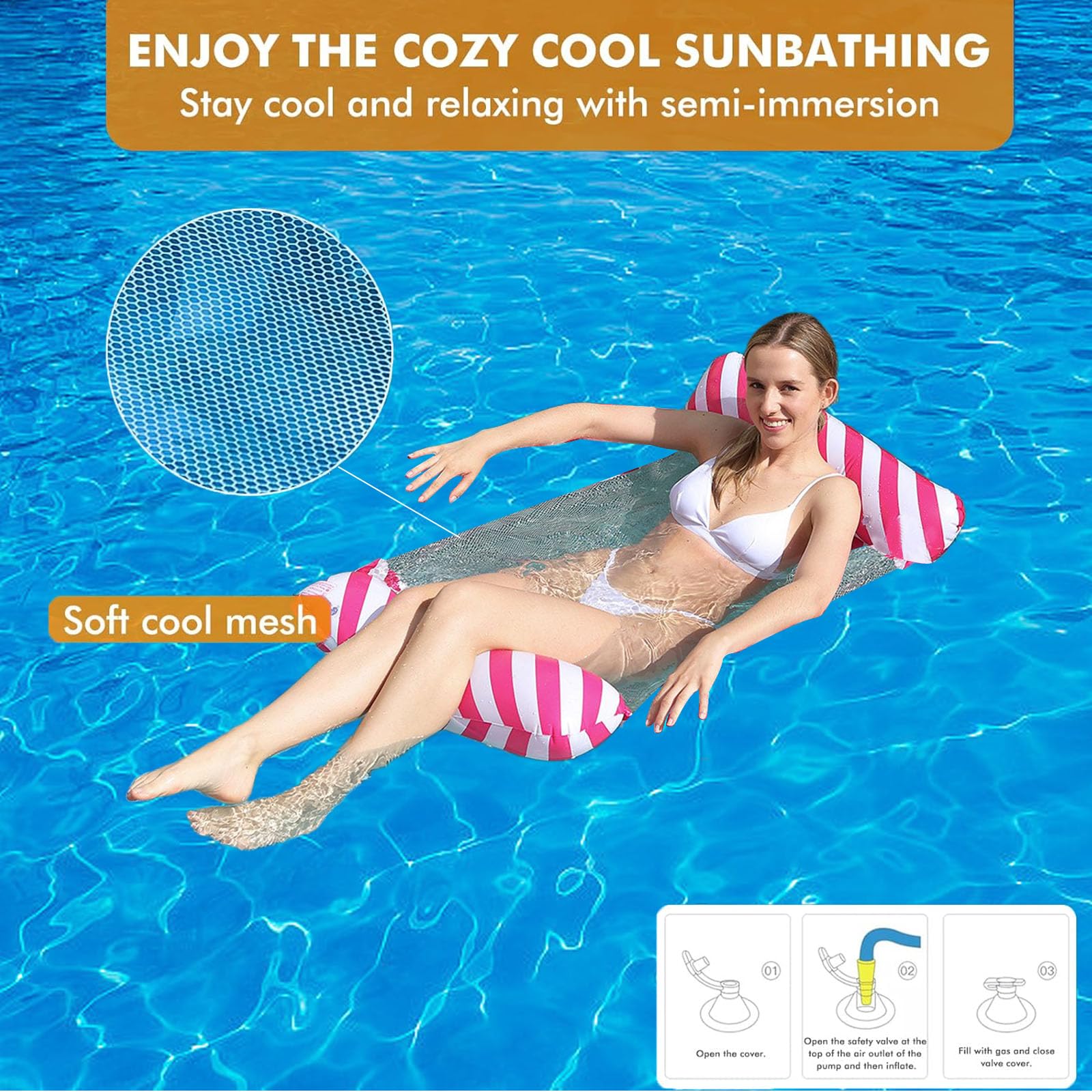Hamaca Flotante 4 En 1 Para Piscina – Colchón Inflable A Rayas, Sillón Y Flotador, Para Adultos Y Niños, Con Bomba Manual